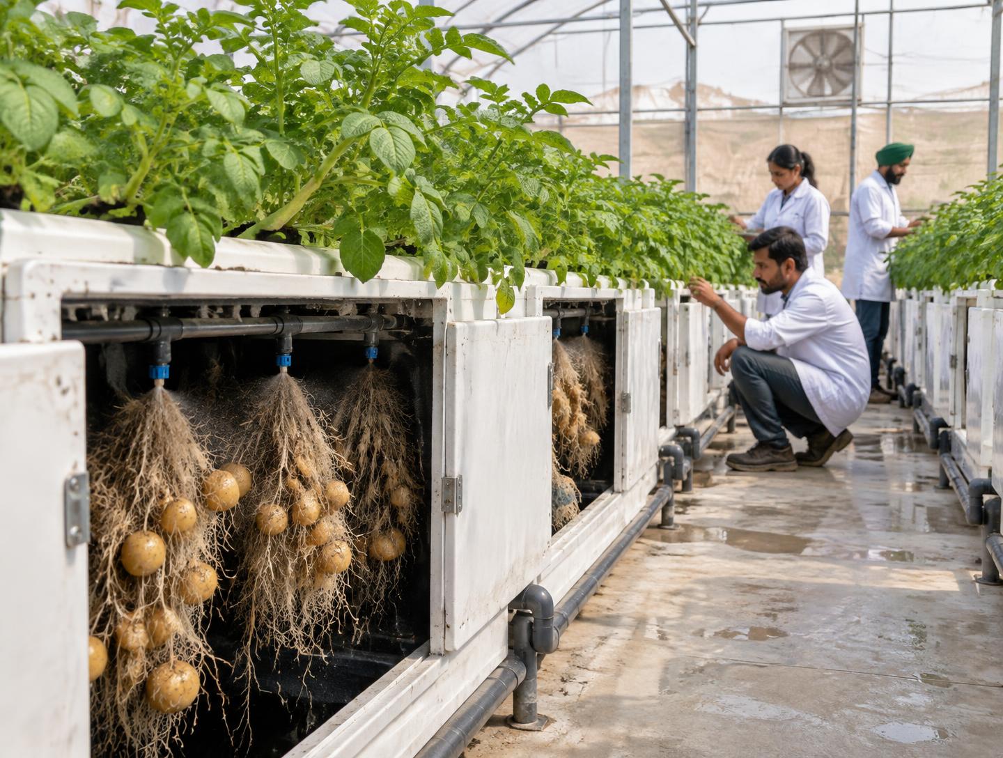 Khughar Biotech aeroponics facility with potato roots receiving nutrient mist